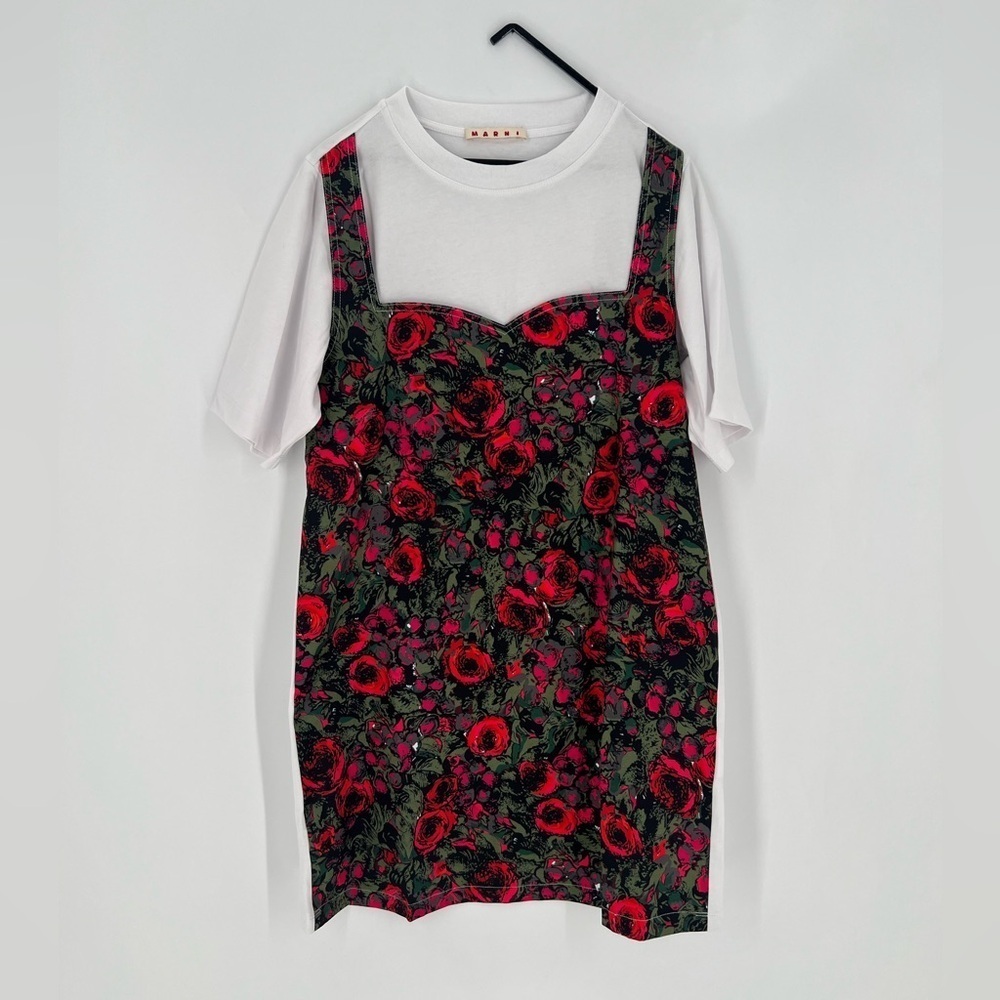 Marni Amarcord Floral Roses Faille T-Shirt Mini Dress In White and Multicolor